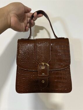 PrettyLittleThing Brown Croc-Embossed Top Handle Satchel